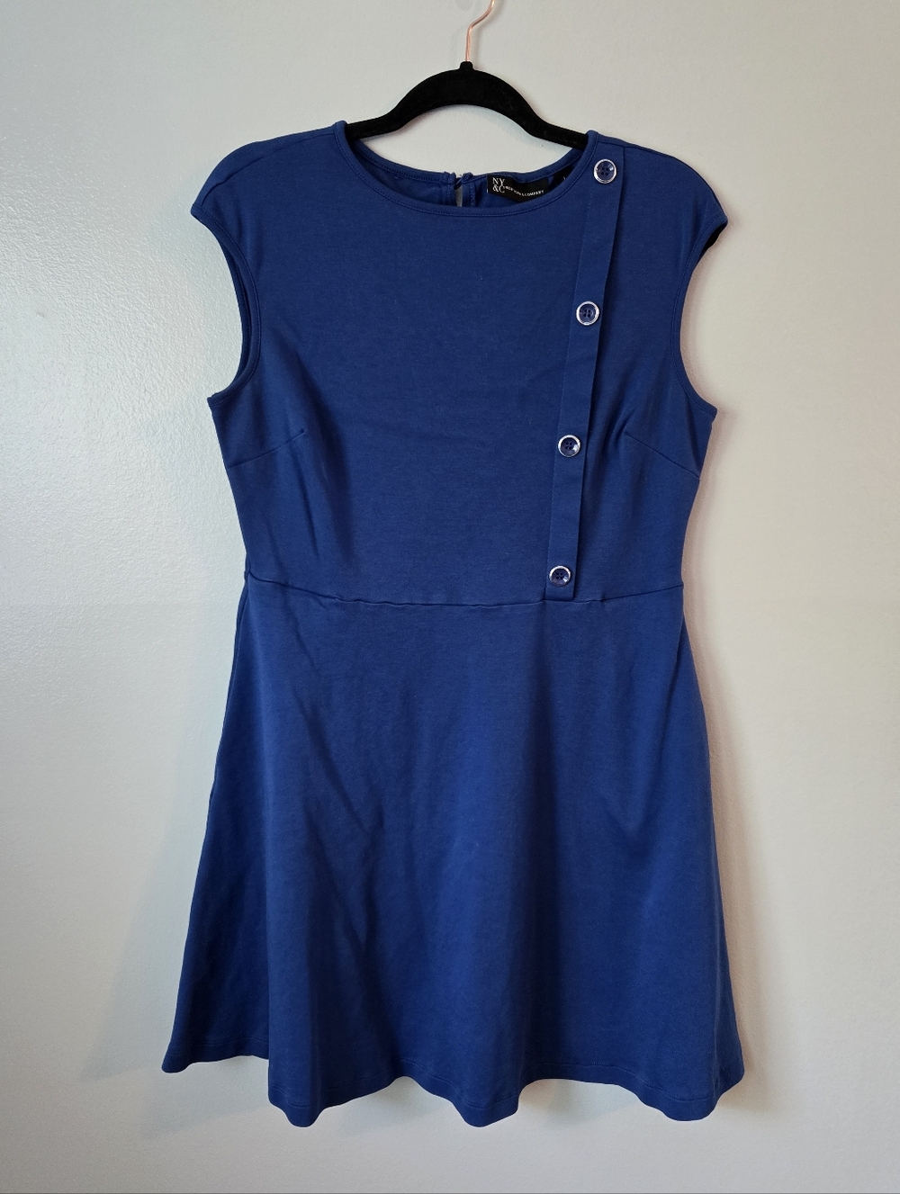 New York & Company Blue Fit & Flare Dress Silver Grommet Detail Cap Sleeve Large